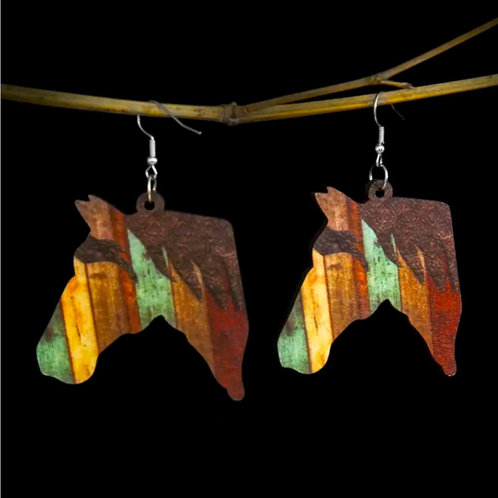 Wooden teal beige brown horse earrings with sterling silver hooks